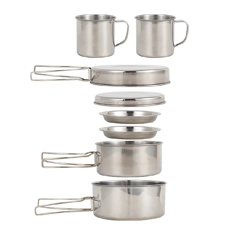 Outdoor Camping Kitchen Table - 8 ชิ้น/เซ็ต ชุดเครื่องครัวสำหรับตั้งแคมป์ ชุดหม้อและกระทะสแตนเลส พร้อมจาน ถ้วย