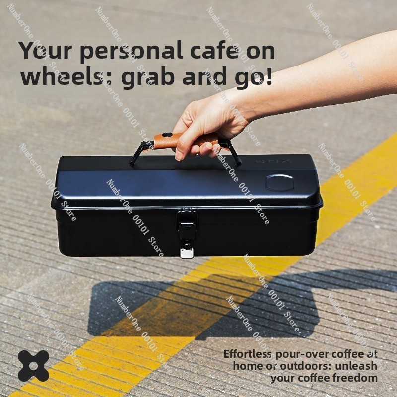 Outdoor Camping Storage Box - ชุดอุปกรณ์ชงกาแฟแบบพกพาสำหรับตั้งแคมป์กลางแจ้ง, ประกอบด้วยเครื่องบดกาแฟแบบพกพา, หม้อชงกาแฟ, ถ้วยกรอง และกล่องเก็บของเหล็ก
