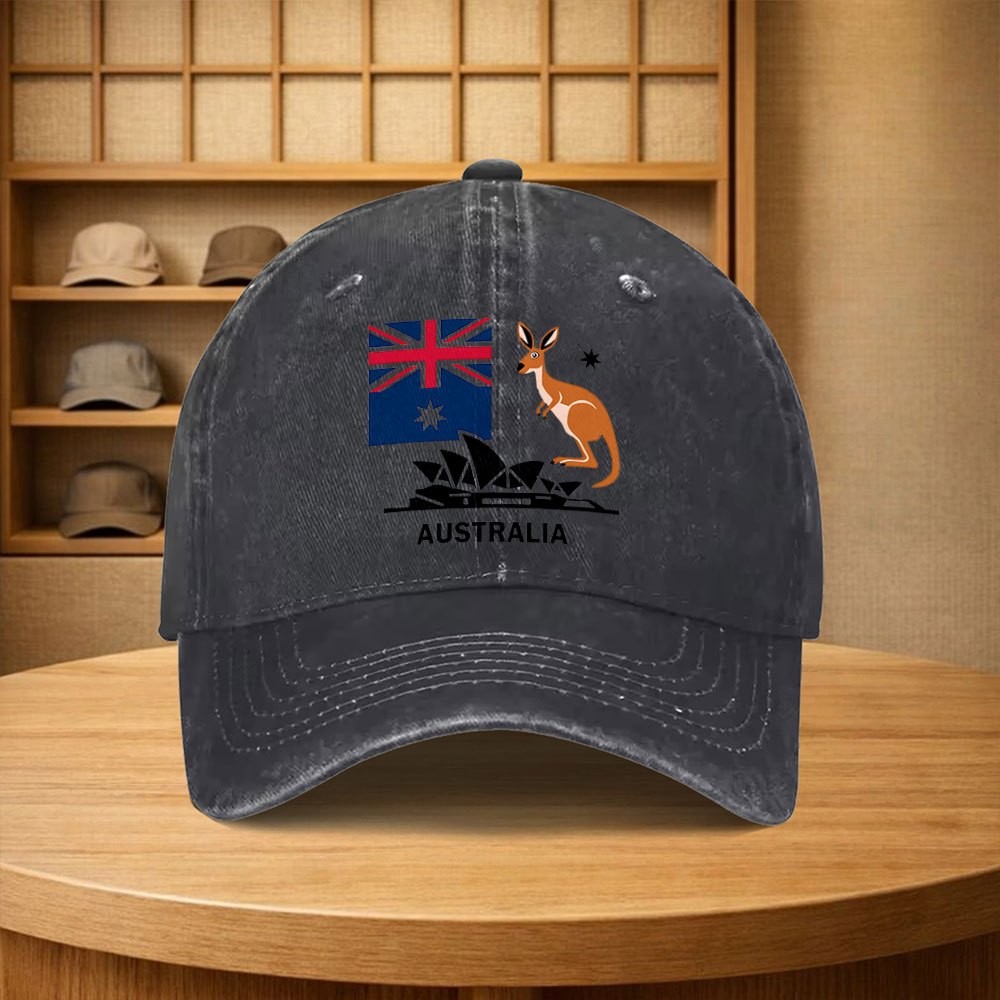 Outdoor Camping Australia - หมวกเบสบอลลายธงออสเตรเลียลายจิงโจ้ หมวกยีนส์วินเทจแบบยูนิเซ็กส์ หมวกกันแดดแบบปรับได้สำหรับการเดินทางกลางแจ้ง วันหยุดพักผ่อน แคมป์ปิ้ง