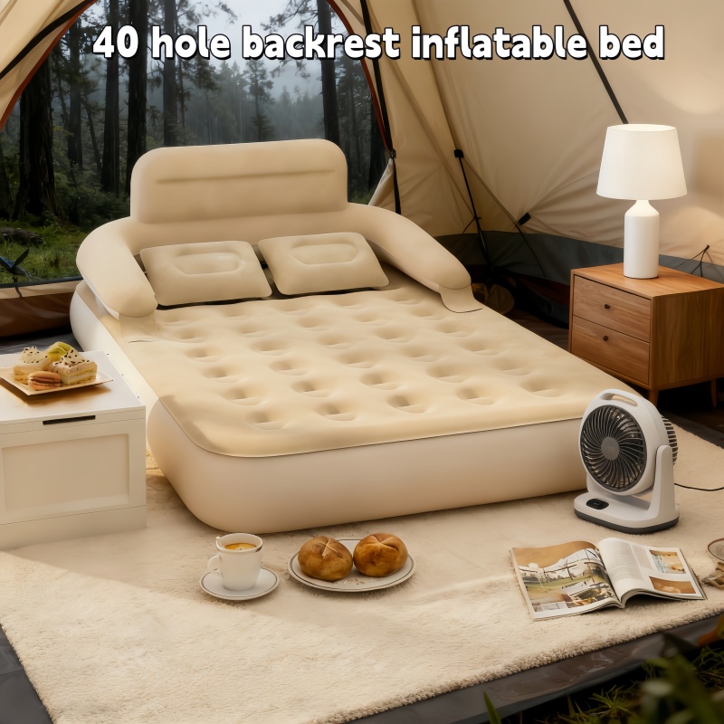 Outdoor Camping Cot - เตียงลมสำหรับตั้งแคมป์กลางแจ้งแบบพกพาสำหรับสองคน พร้อมพนักพิงและโซฟาเป่าลมแบบนุ่มสบาย ใช้เป็นเบาะลมสำหรับนอนพักผ่อนที่บ้านได้