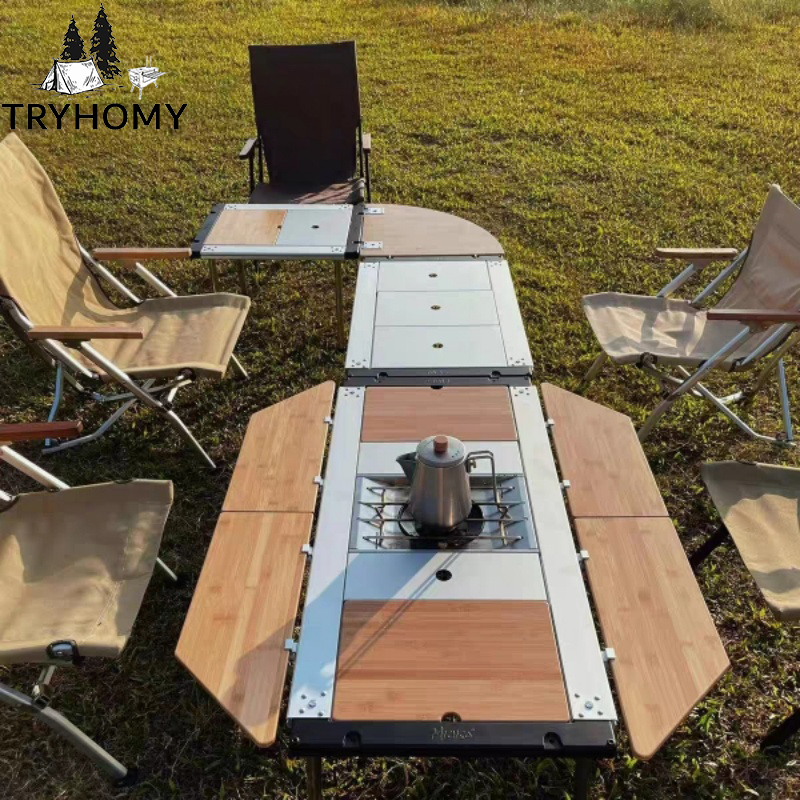 Outdoor Camping Kitchen Table - Tryhomy IGT ตารางไม้ไผ่แผ่นขยาย Camping ตาราง 2/3/4
