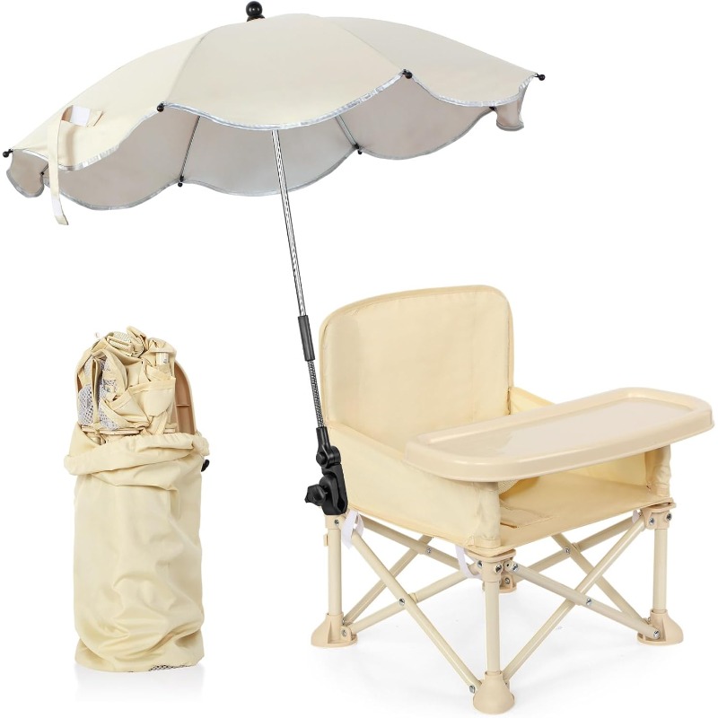 Outdoor Camping Table Foldable - เก้าอี้ชายหาดสำหรับเด็กพร้อมร่ม พนักพิง กระเป๋า เข็มขัดนิรภัย พับได้ ใช้เป็นเก้าอี้ให้อาหารเด็ก
