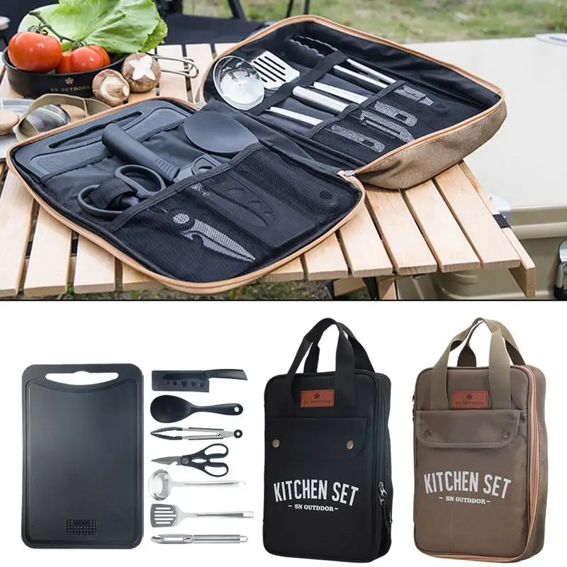 Outdoor Camping Kitchen Table - ชุดเครื่องครัวแคมป์ปิ้ง 8 ชิ้น ชุดอุปกรณ์ทำอาหารพกพาสำหรับเดินทางกลางแจ้ง ทำจากสแตนเลส สำหรับทำอาหารและปิ้งย่าง